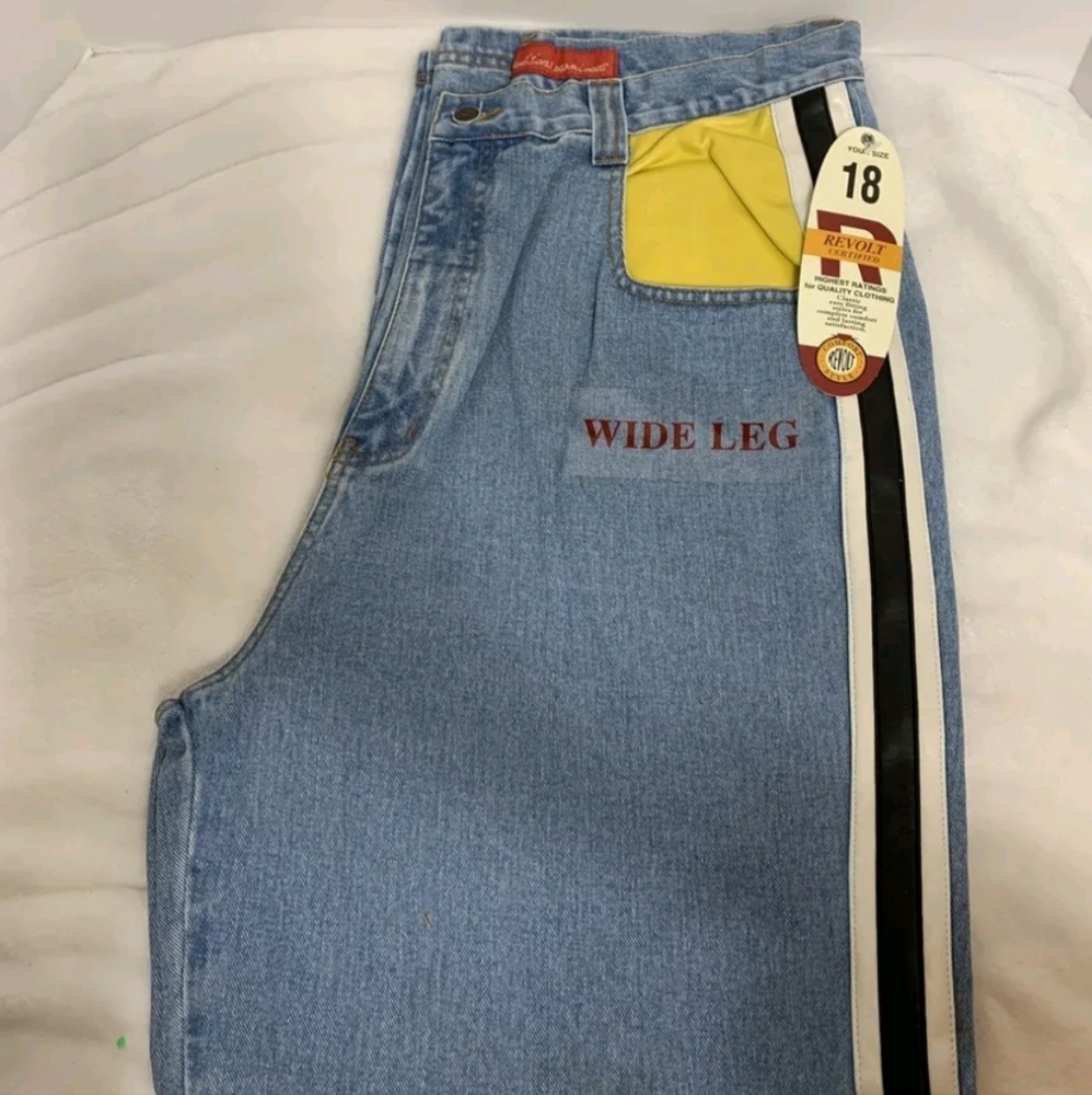 Vintage 90’s Revolt wide leg denim jeans with stripes. size 18 (NWT)